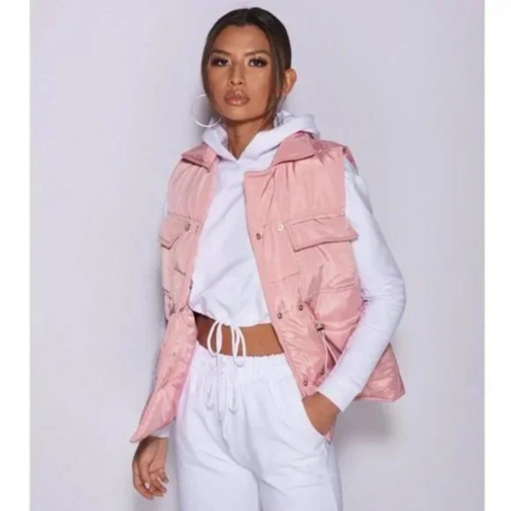 Pink Sleeveless Collared Double Breasted Padded Puffer Jacket Vest Gilet - Picture 6 of 16